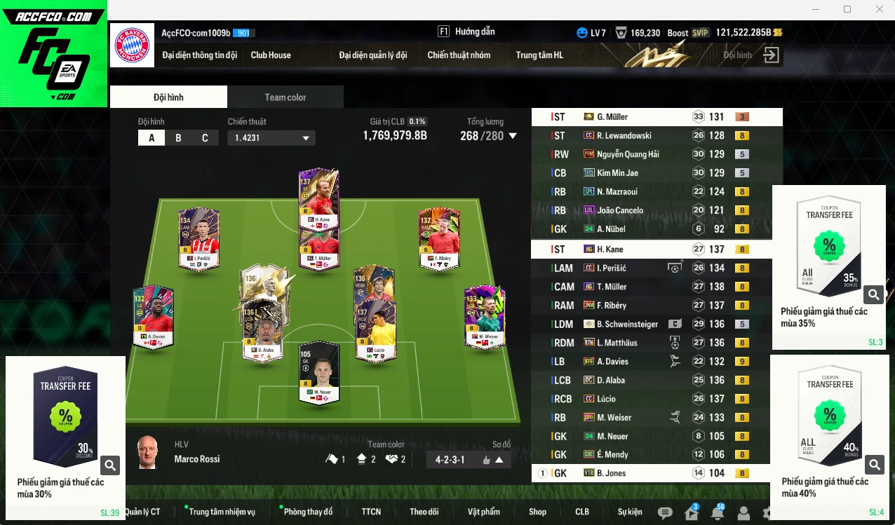 [Dư nhiều BP, ACC Rẻ🔥] Bayern Munich 1.769.970b dư 121.500b có Schweinsteiger ITM+5, Lúcio CC, Matthaus RTN, Kim Min Jae 25TS, Ribéry JNM, G. Muller ITM+3, Perisic CC, Muller HG, Kane HG, Alaba DC, A. Davies BTB+9, Lewandowski CC... HLV Xịn, đã đào tạo full nhiều cầu thủ, còn nhiều CP GIẢM THUẾ